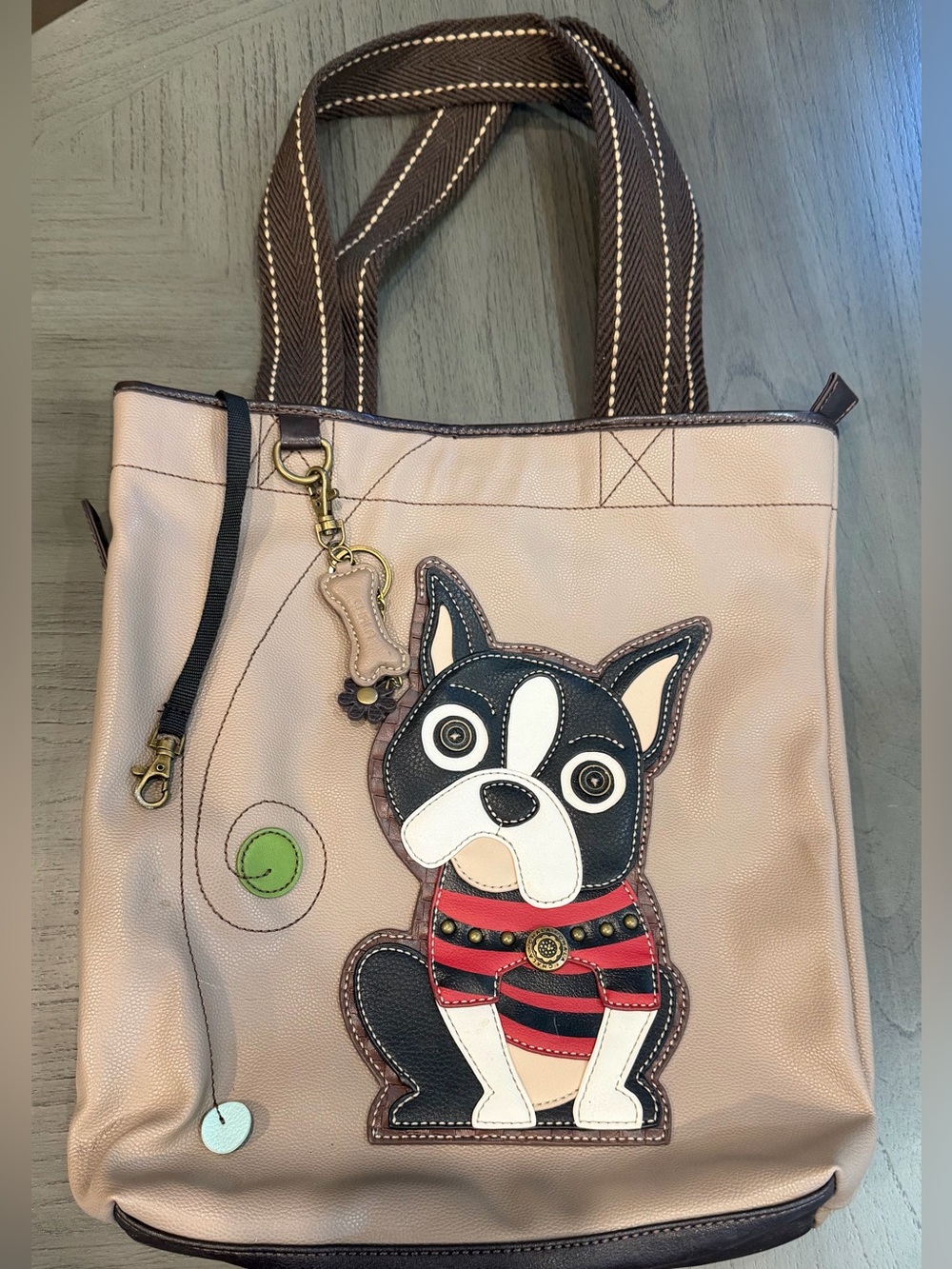 Women’s Tan Boston Terrier Dog Applique Tote Bag by Chala